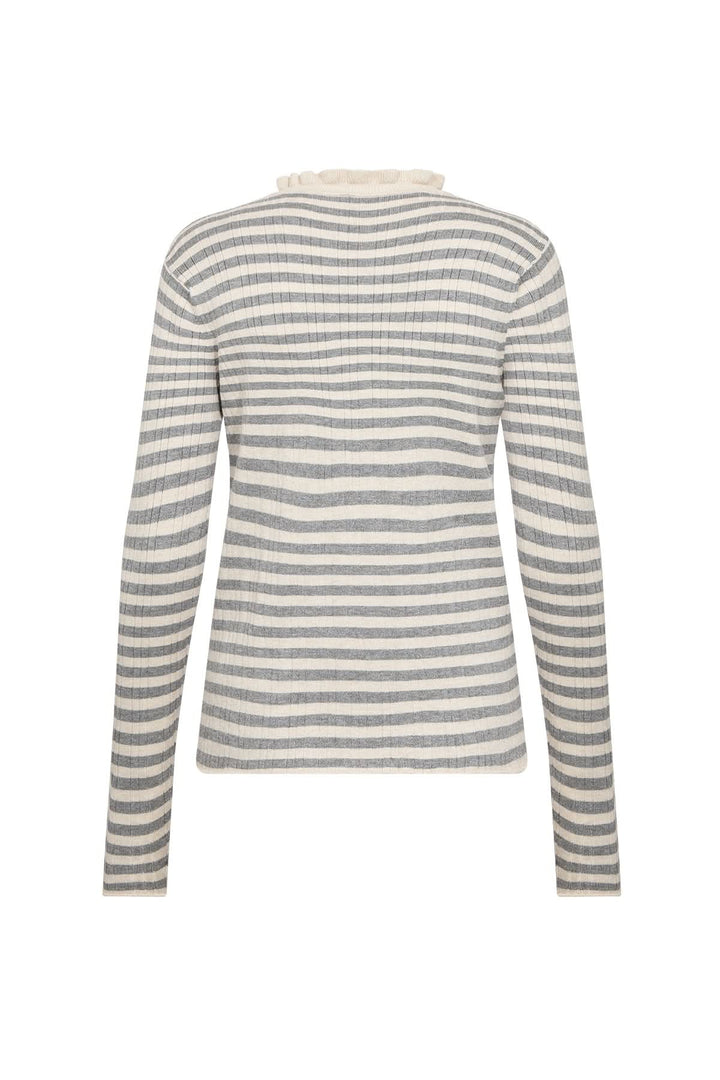 Chandail à rayures fines, col festonné, maille légère, style féminin, vue de dos.