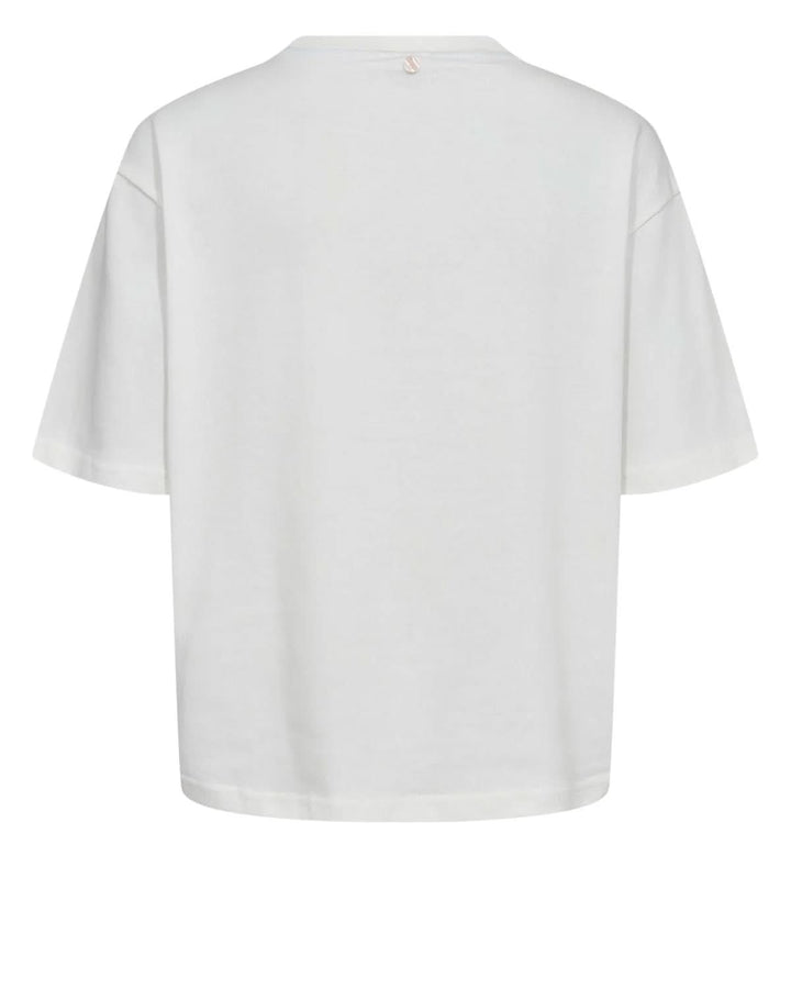 Dos du T-shirt à broderies florales avec coupe ample et manches courtes, style minimaliste et fini épuré, en tissu doux et respirant.