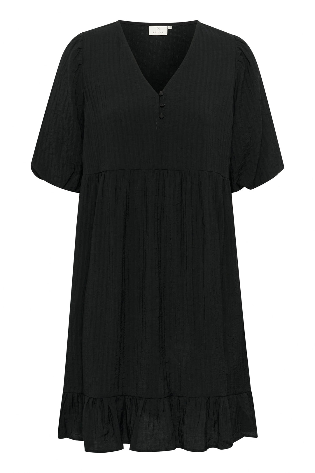 Robe courte Lianna en mousseline légère, encolure en V, manches bouffantes, base volantée, couleur noire.