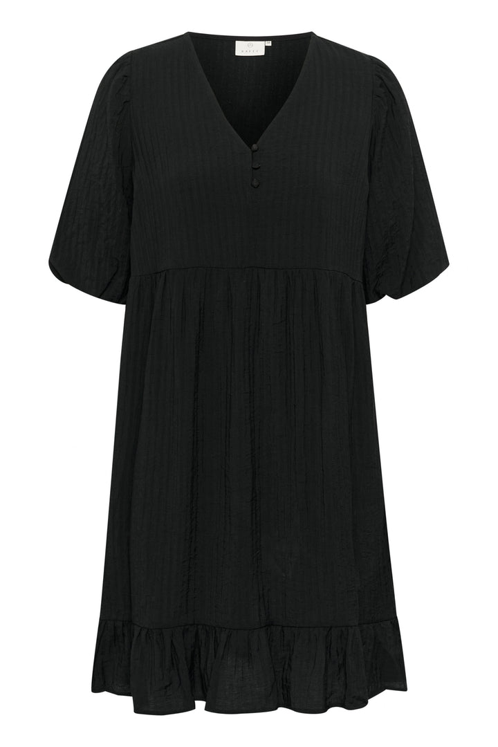 Robe courte Lianna en mousseline légère, encolure en V, manches bouffantes, base volantée, couleur noire.