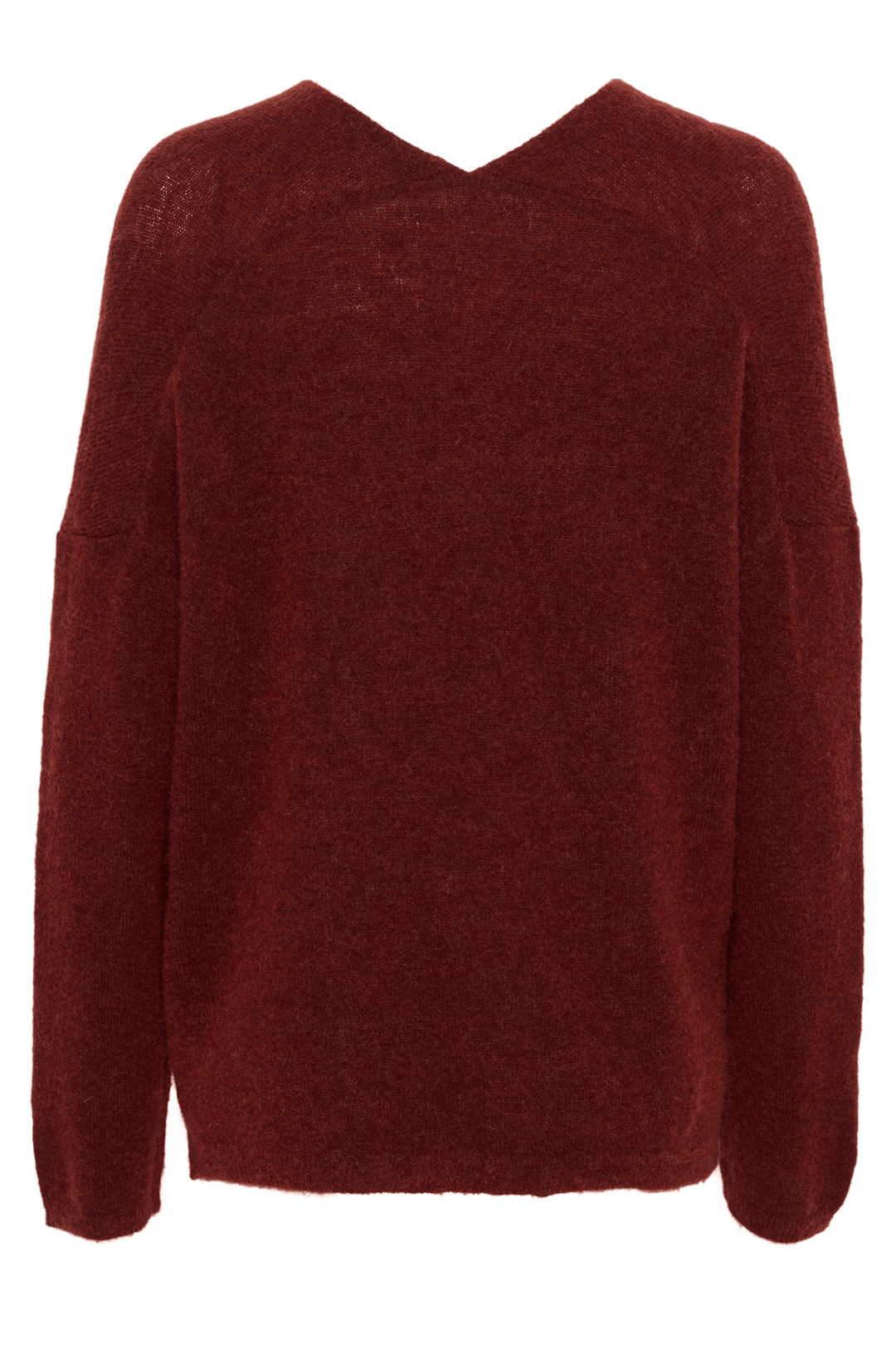 Tricot Titina col en V, manches longues, maille douce, rouge bordeaux, vue de dos.