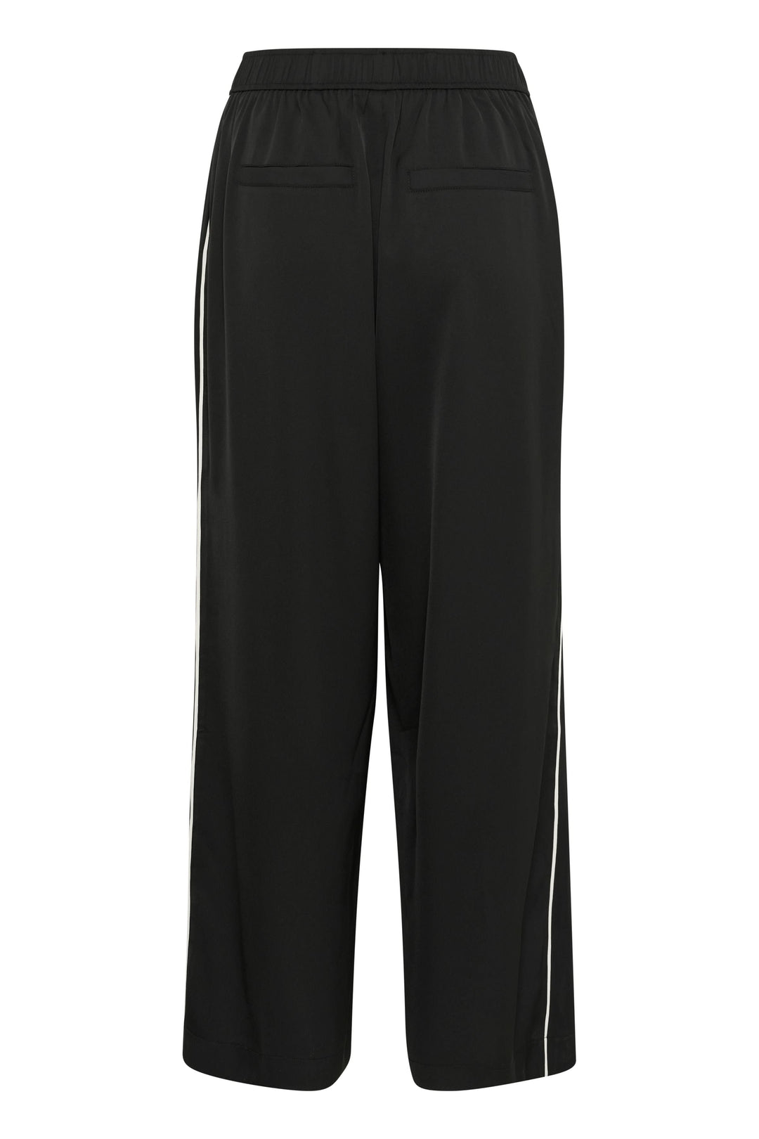 Pantalon Tessa en noir, fluide avec taille élastique et poches, jambe large et élégante.