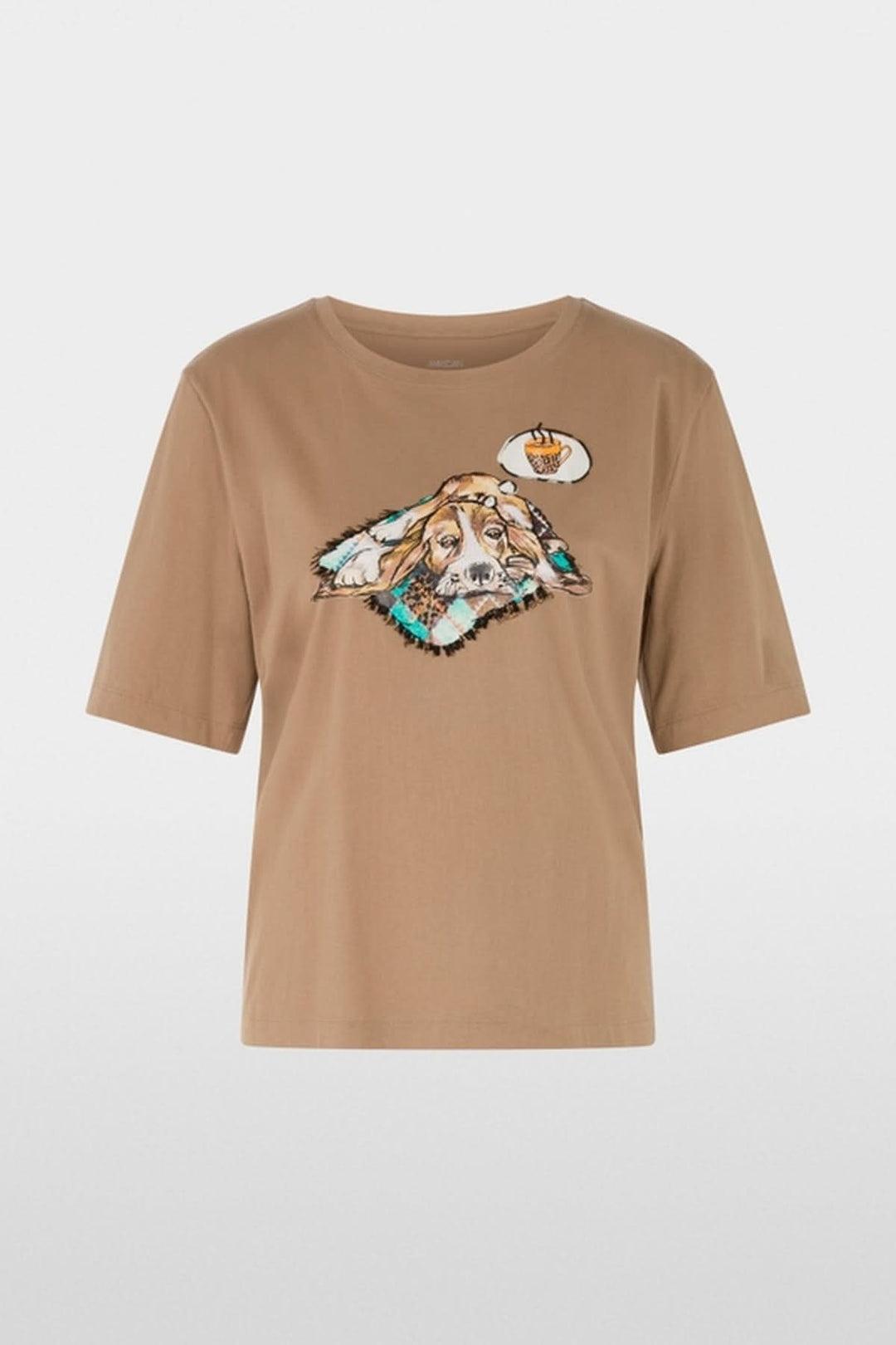 T-shirt impirmé chien avec manches courtes et encolure ronde, motif artistique et humoristique sur fond beige.