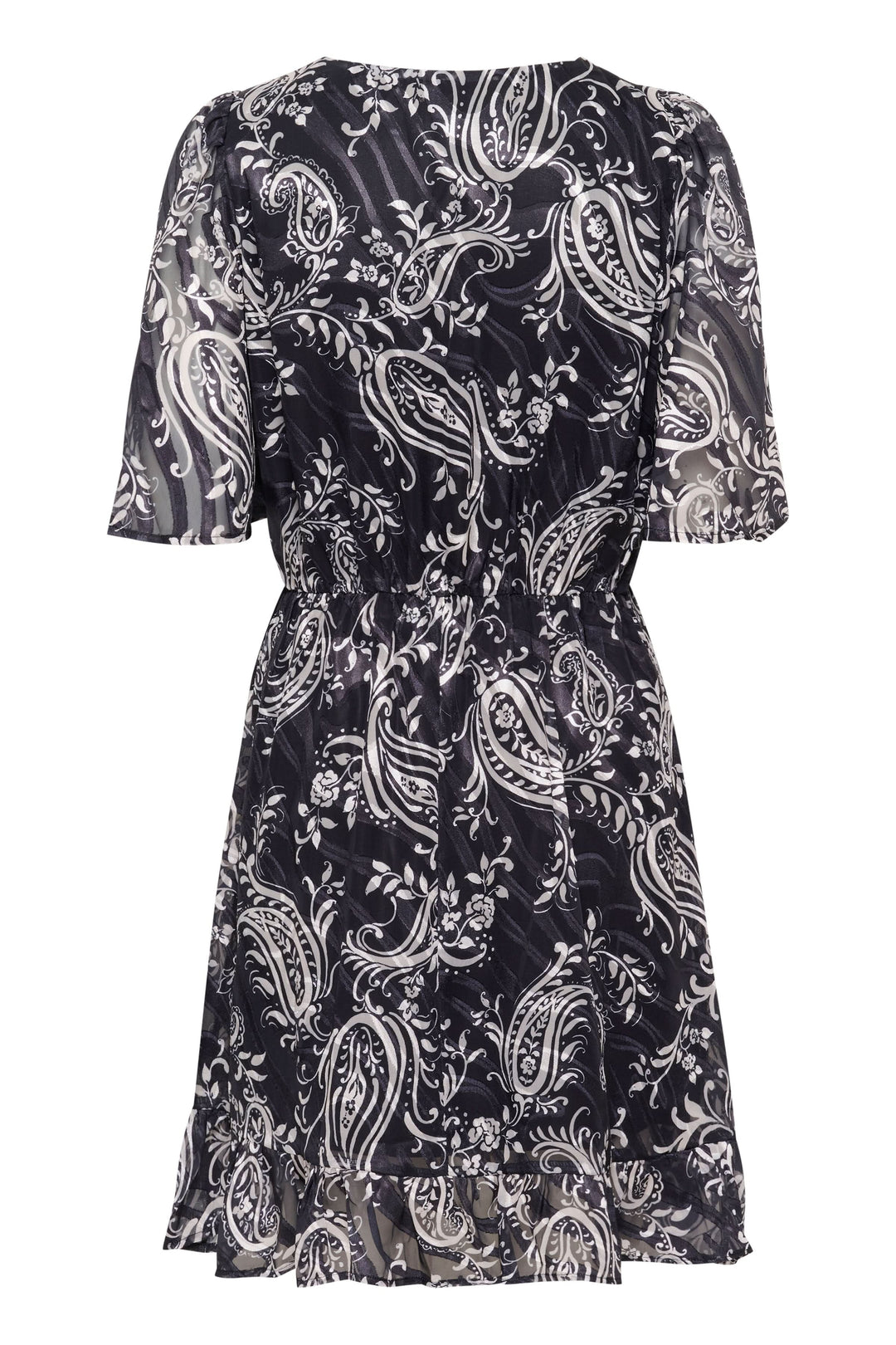 Robe courte à imprimé cachemire, manches papillon transparentes et céllur haute, parfaite pour les événements estivaux.