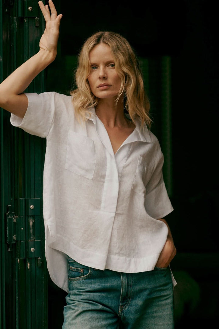 Embroidered bat-print linen blouse