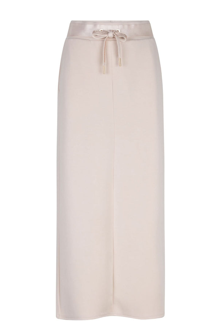Jupe longue à taille élastique avec cordon de serrage, couleur beige, silhouette fluide et finition douce.