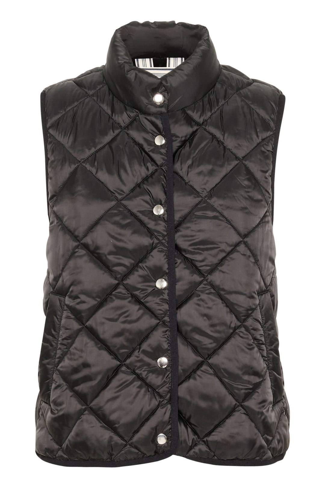 Manteau sans manches matelassé noir avec col montant et boutons, idéal pour un look décontracté.