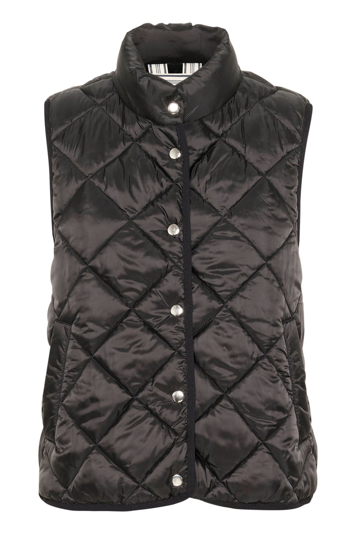Manteau sans manches matelassé noir avec col montant et boutons, idéal pour un look décontracté.