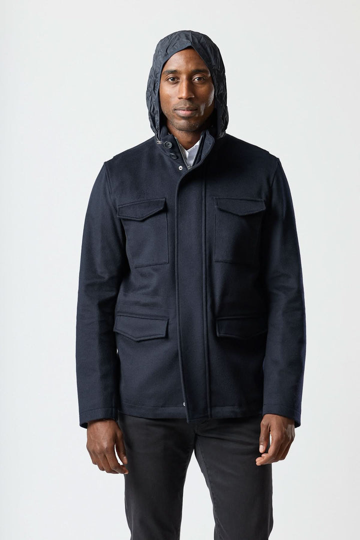 Wool jacket with four pockets, stowable hood