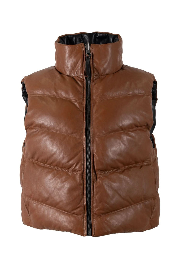 Manteau réversible Ellen sans manches, matelassé, côté brun visible, col montant, idéal pour mi-saison. Décris moi le produit en français.