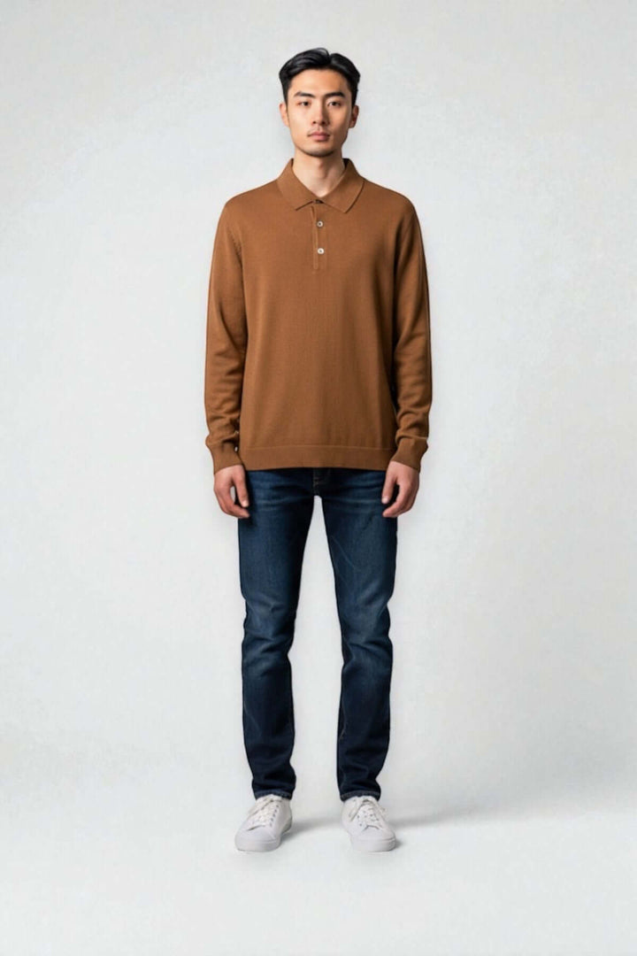 Long-sleeved polo shirt in merino wool and silk