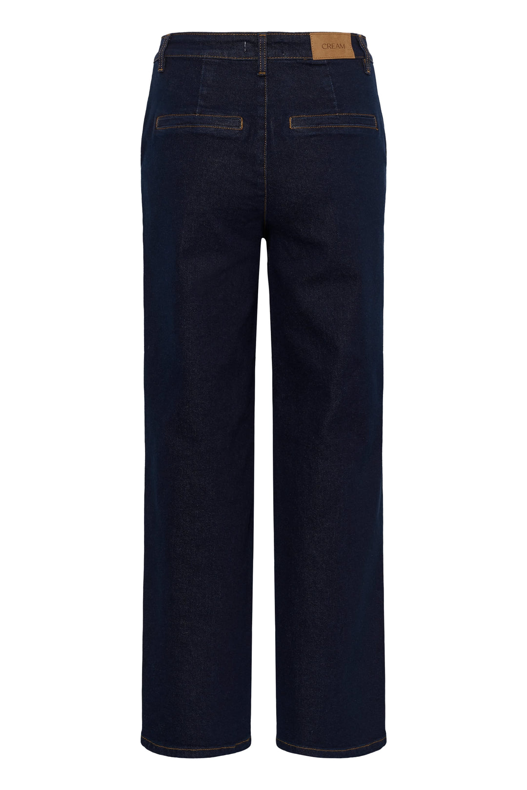 Vue latérale jean droit Cream pour femme en denim bleu avec coutures apparentes - Valérie Simon