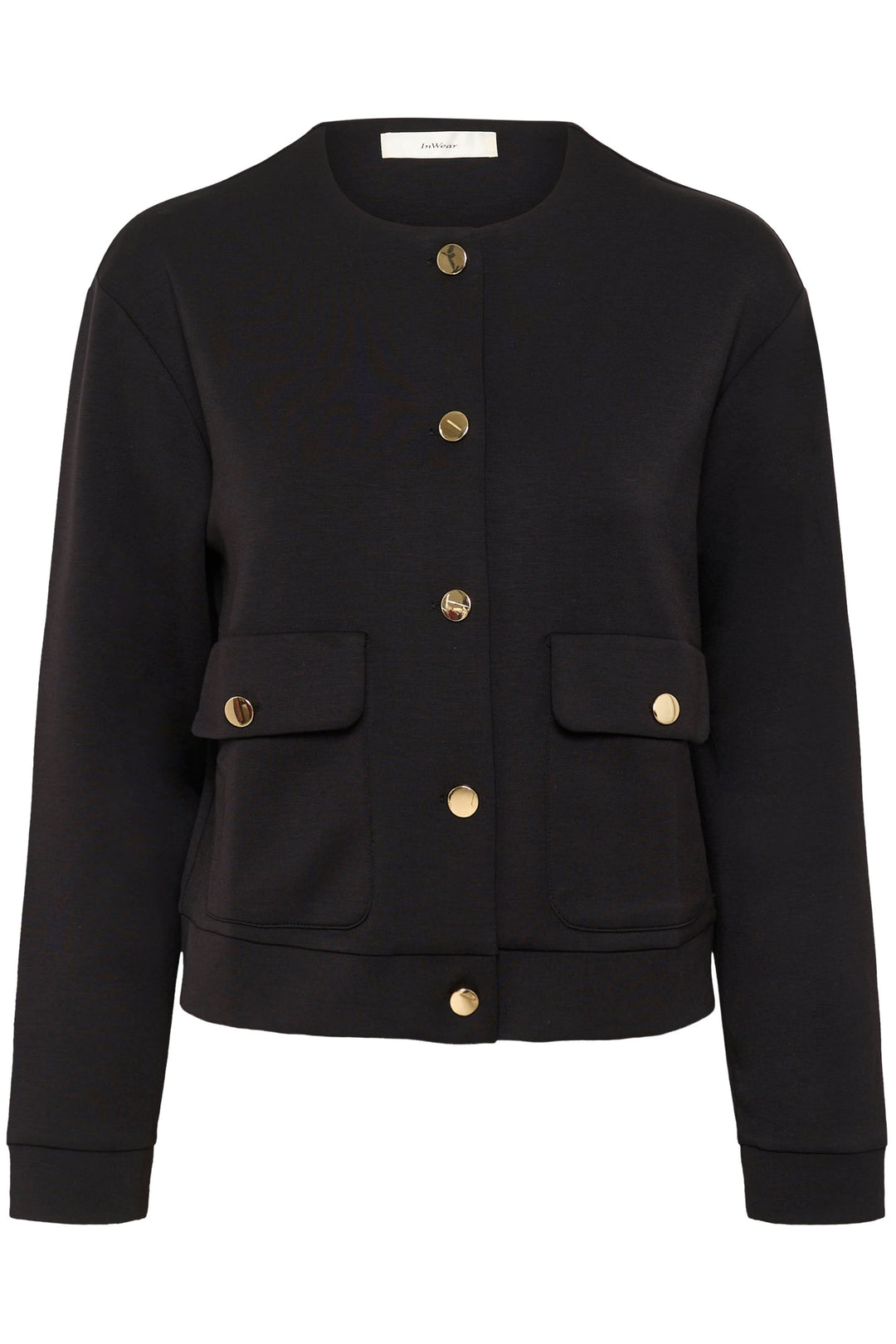 Veste Gida noire à col rond, boutons dorés et poches, style chic et modern.