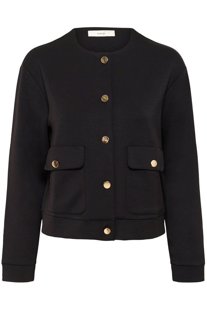 Veste Gida noire à col rond, boutons dorés et poches, style chic et modern.