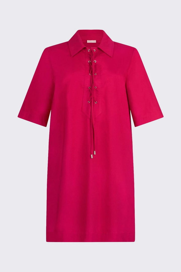 Robe droite à col chemise lacé rouge vif avec manches courtes et encolure lacée, idéale pour un look à la fois décontracté et habillé.