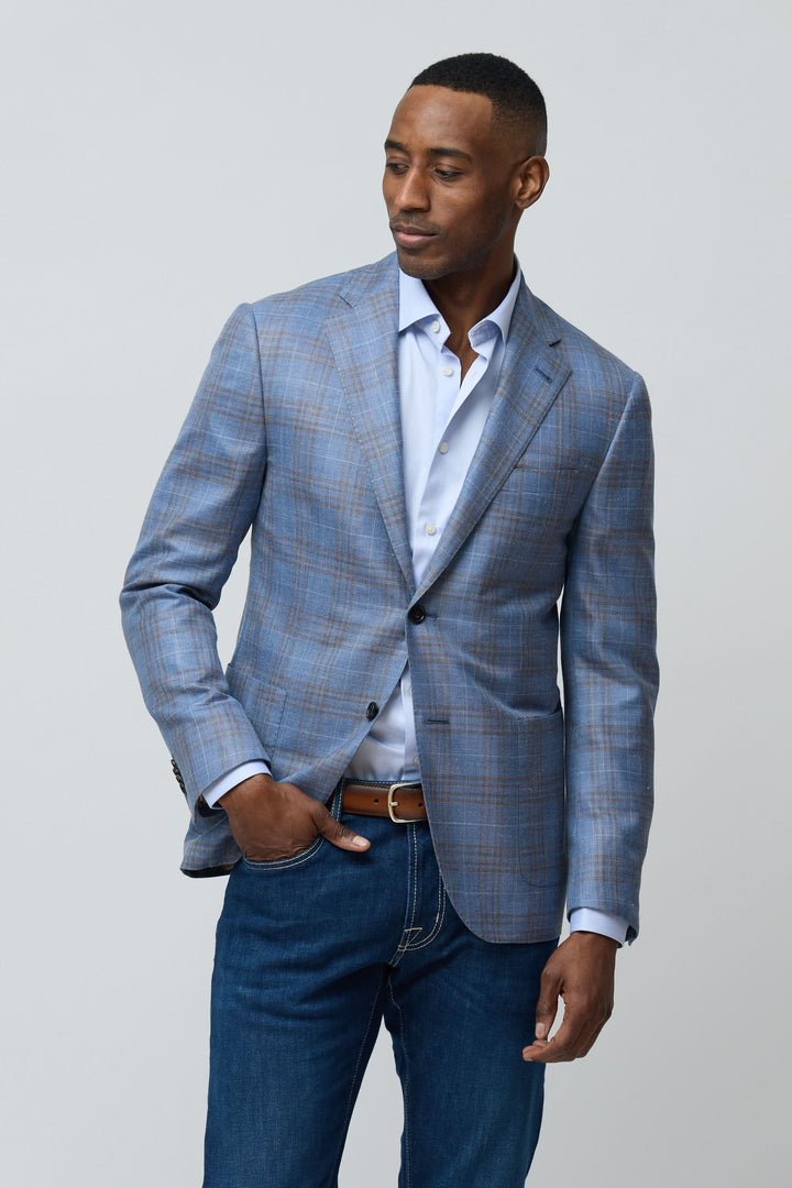 Veston à carreaux en laine, soie et lin