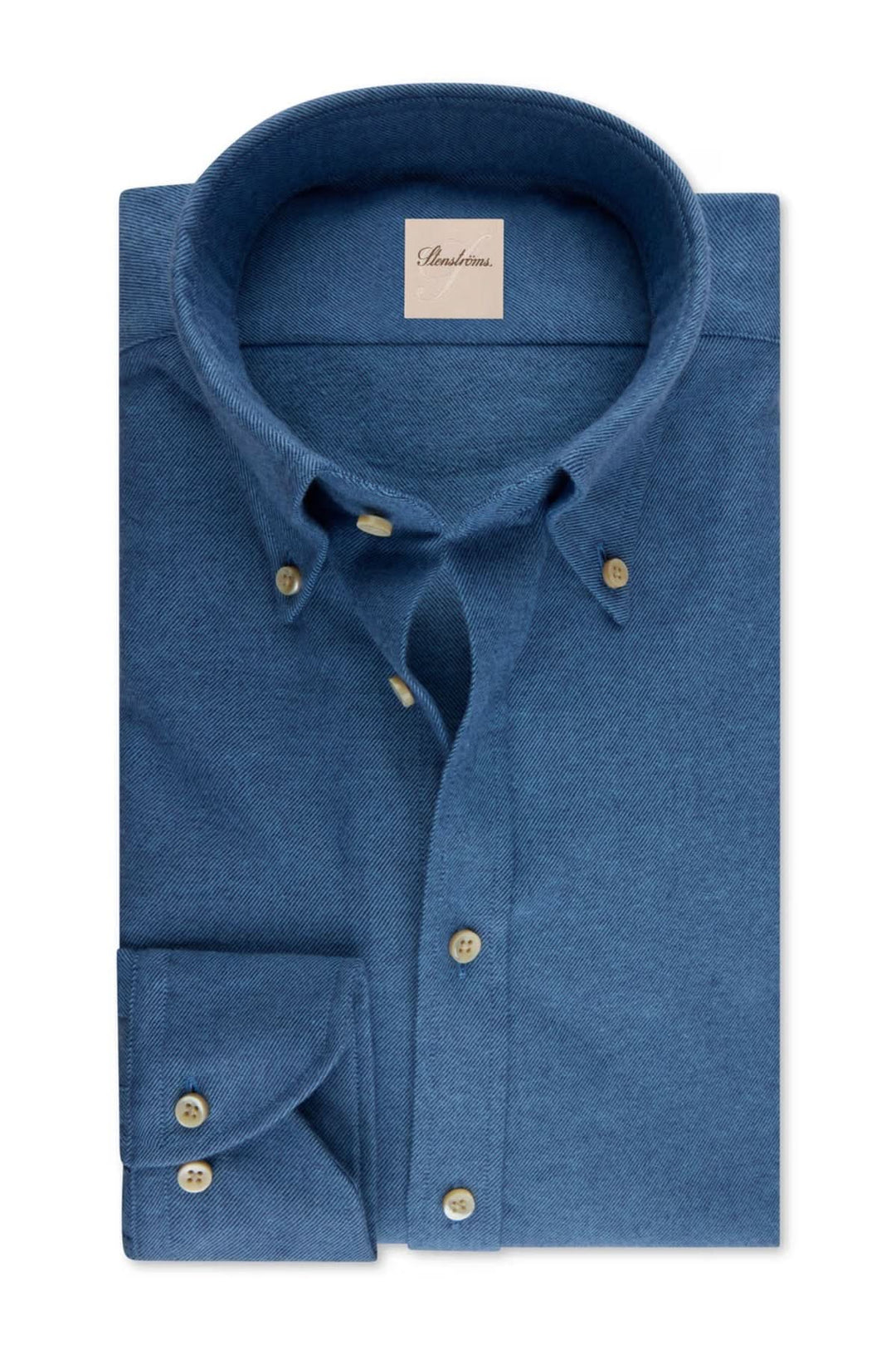 Chemise en flanelle coton à col boutonné bleu, élégante avec boutons en nacre. Idéale pour un look raffiné et intemporel.