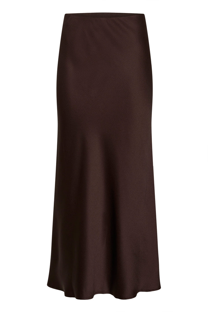 Side view of a long, textured green Kaffe skirt for women - Valérie Simon