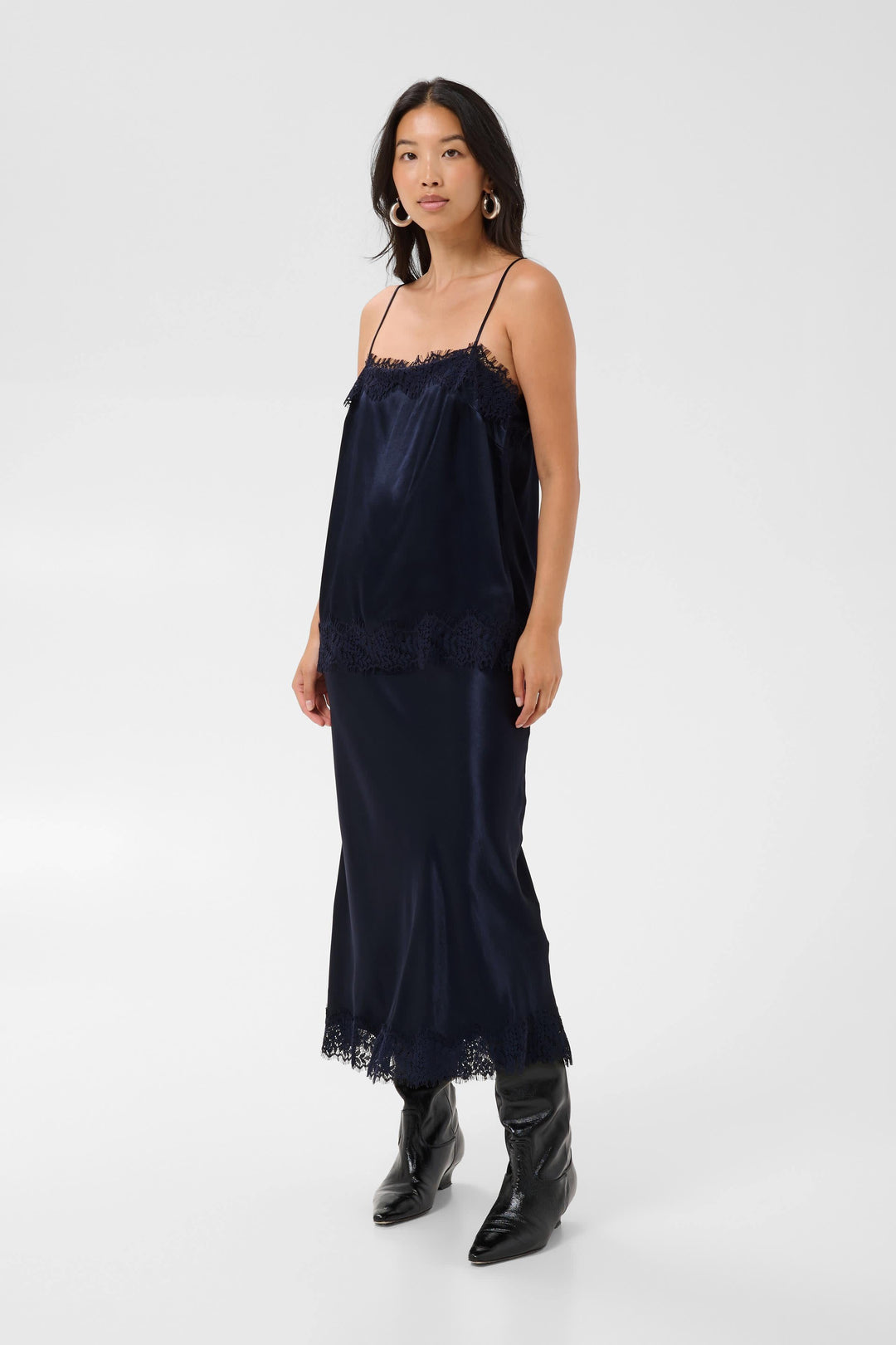 Black satin midi skirt with lace trim, front view, for women by Part Two