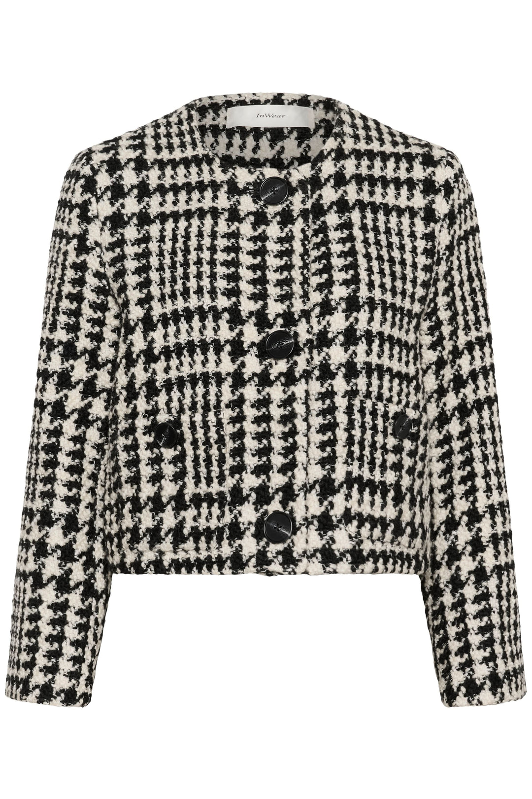 Veste courte à motif pied-de-poule, élégante avec coupe structurée, parfaite pour un look sophistiqué.