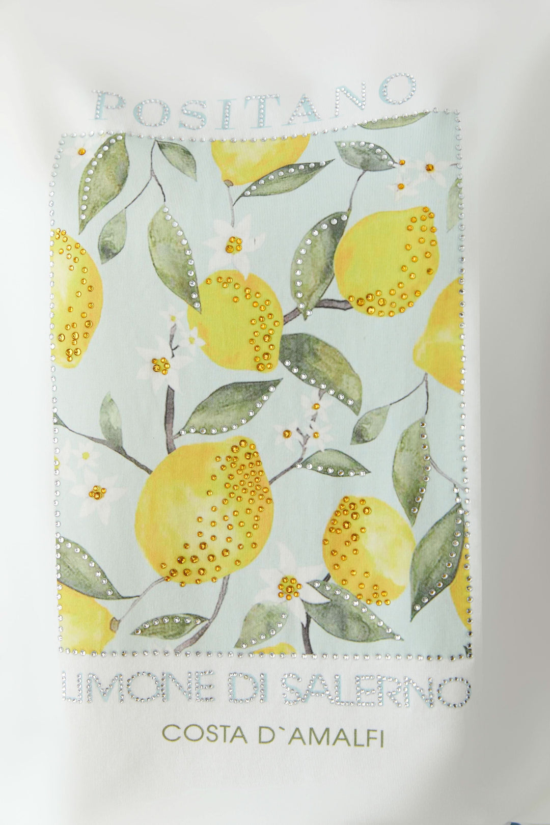 T-shirt imprimé à manches courtes avec motif citron."Positano Limone di Salerno Costa d'Amalfi" graphique sur fond blanc.