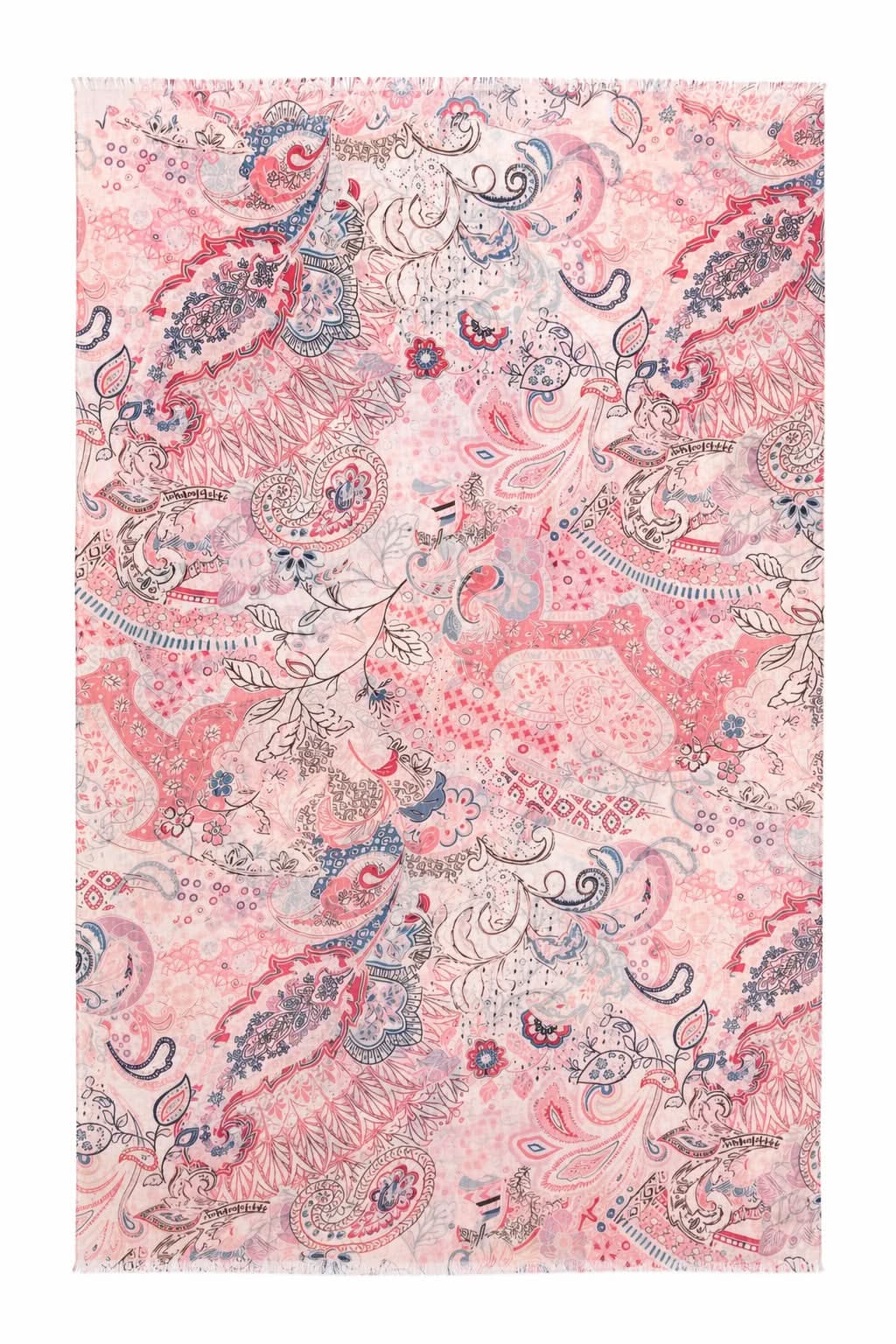 Foulard long imprimé avec motif cachemire et floral, léger et fluide, finition franges, parfait pour toutes les saisons.
