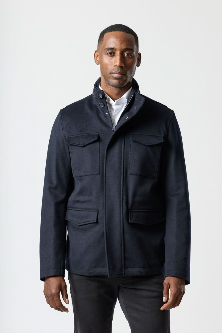 Wool jacket with four pockets, stowable hood