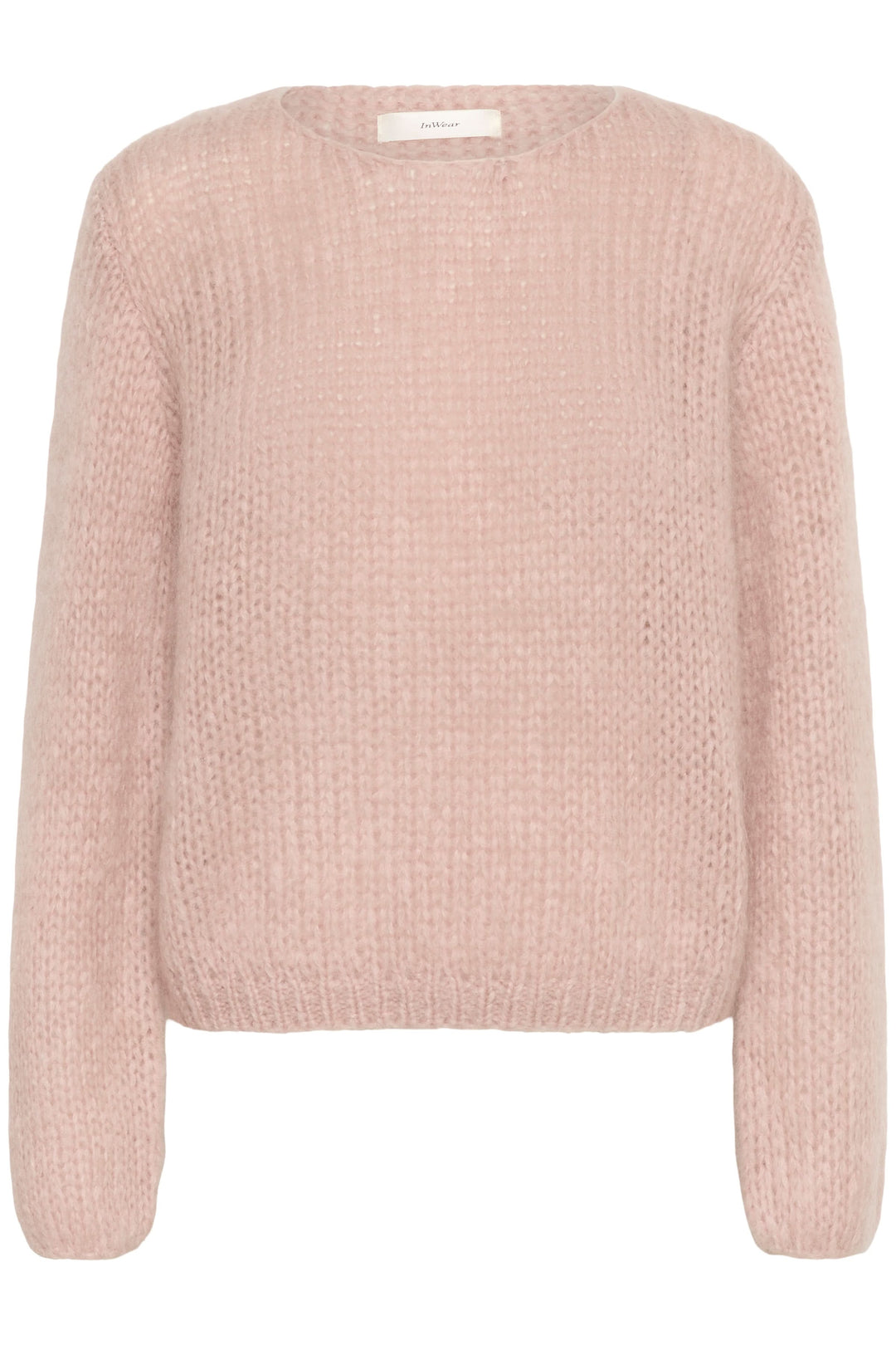Chandail Jetra en maille duveteuse rose avec coupe ample et encolure ronde, parfait pour un look cosy et élégant.