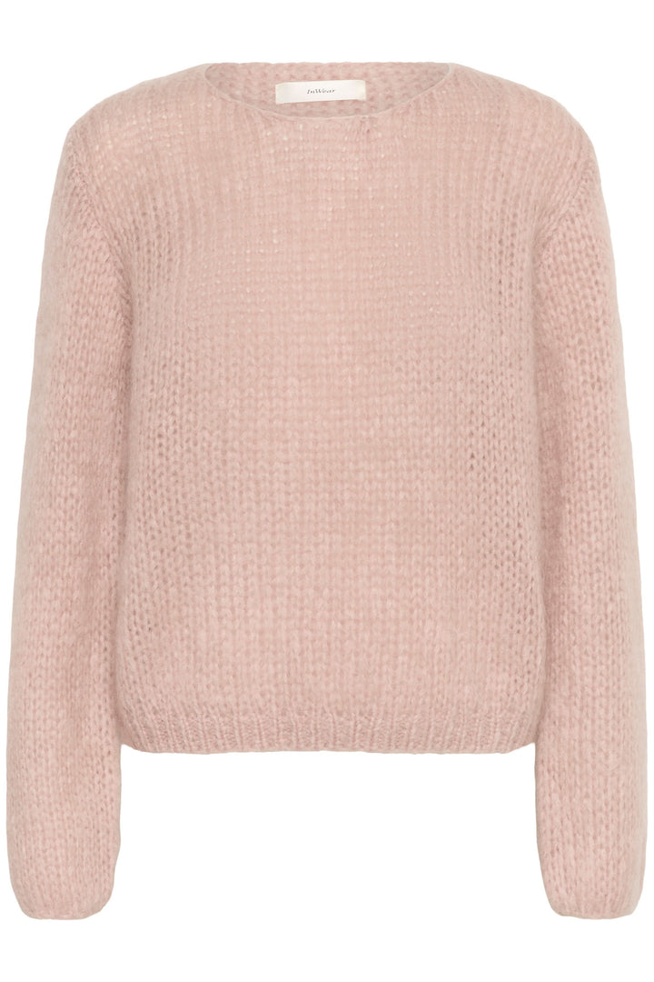 Chandail Jetra en maille duveteuse rose avec coupe ample et encolure ronde, parfait pour un look cosy et élégant.