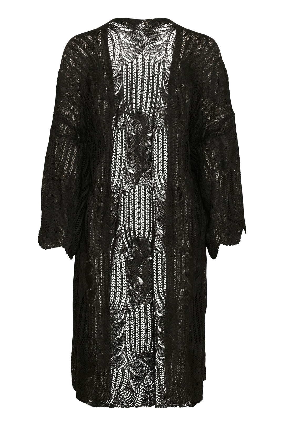 Cardigan long en tricot ajouré noir avec motifs floraux, fluide et sans fermeture, idéal pour un look bohème chic.