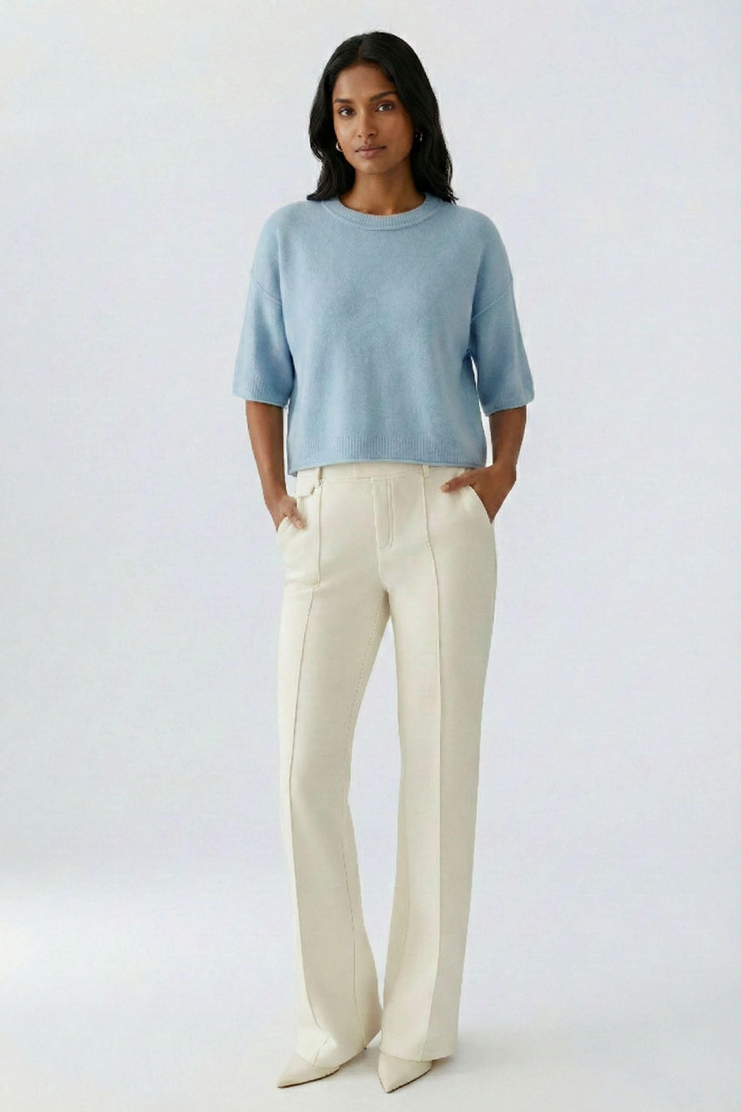 Short-sleeved soft knit sweater with wide sleeves