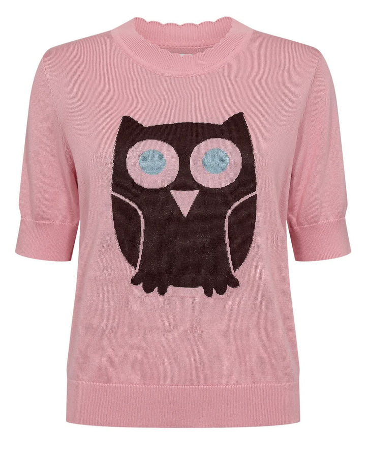 Chandail en tricot motif hibou rose avec col festonné et manches courtes, style moderne et ludique pour une touche de personnalité.