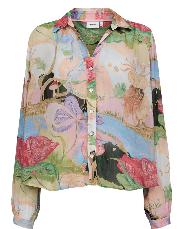 Chemise fluide imprimée à manches longues avec imprimé artistique et couleurs vives, col classique et tissu léger.