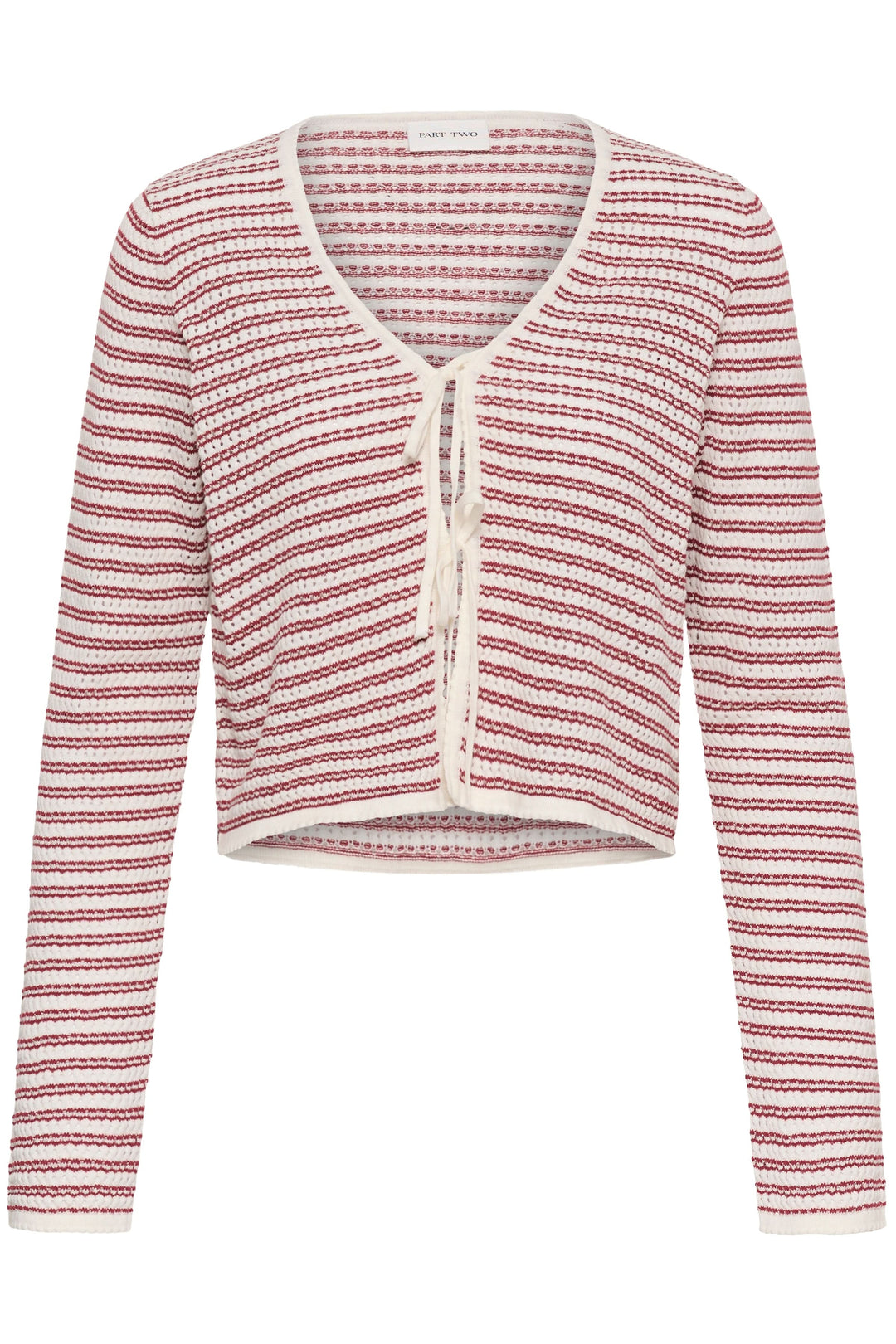Cardigan Rosefina en maille ajourée à nouer avec manches longues et encolure en V, offrant une coupe ajustée féminine.