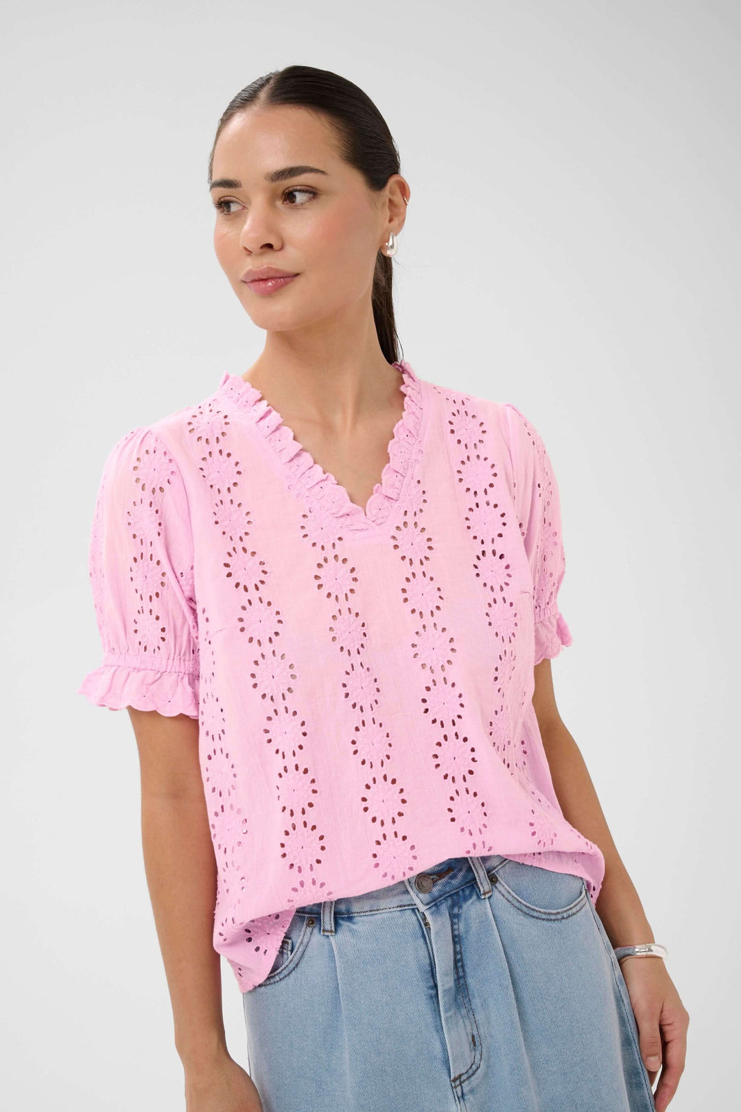 Dona Embroidered Short-Sleeve Blouse with Ruffled Neckline