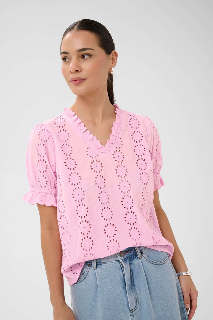 Dona Embroidered Short-Sleeve Blouse with Ruffled Neckline