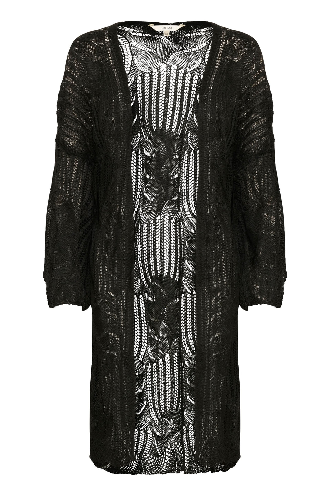 Cardigan long en tricot ajouré noir avec motifs floraux et géométriques, idéal pour un look bohème chic.