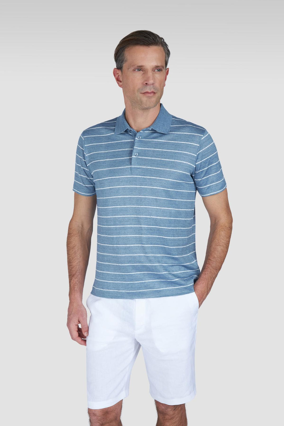 Blue striped linen polo shirt