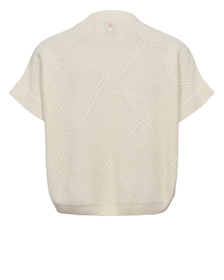 Chandail en tricot brodé à manches courtes avec motif floral, coupe ample et finitions côtelées, pour un style doux et féminin.