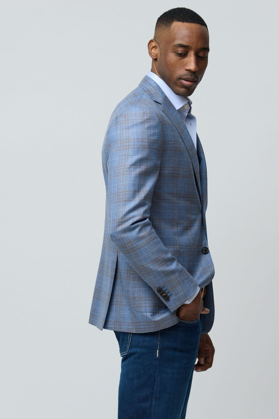 Veston à carreaux en laine, soie et lin