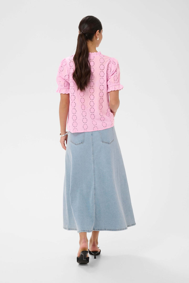 Dona Embroidered Short-Sleeve Blouse with Ruffled Neckline