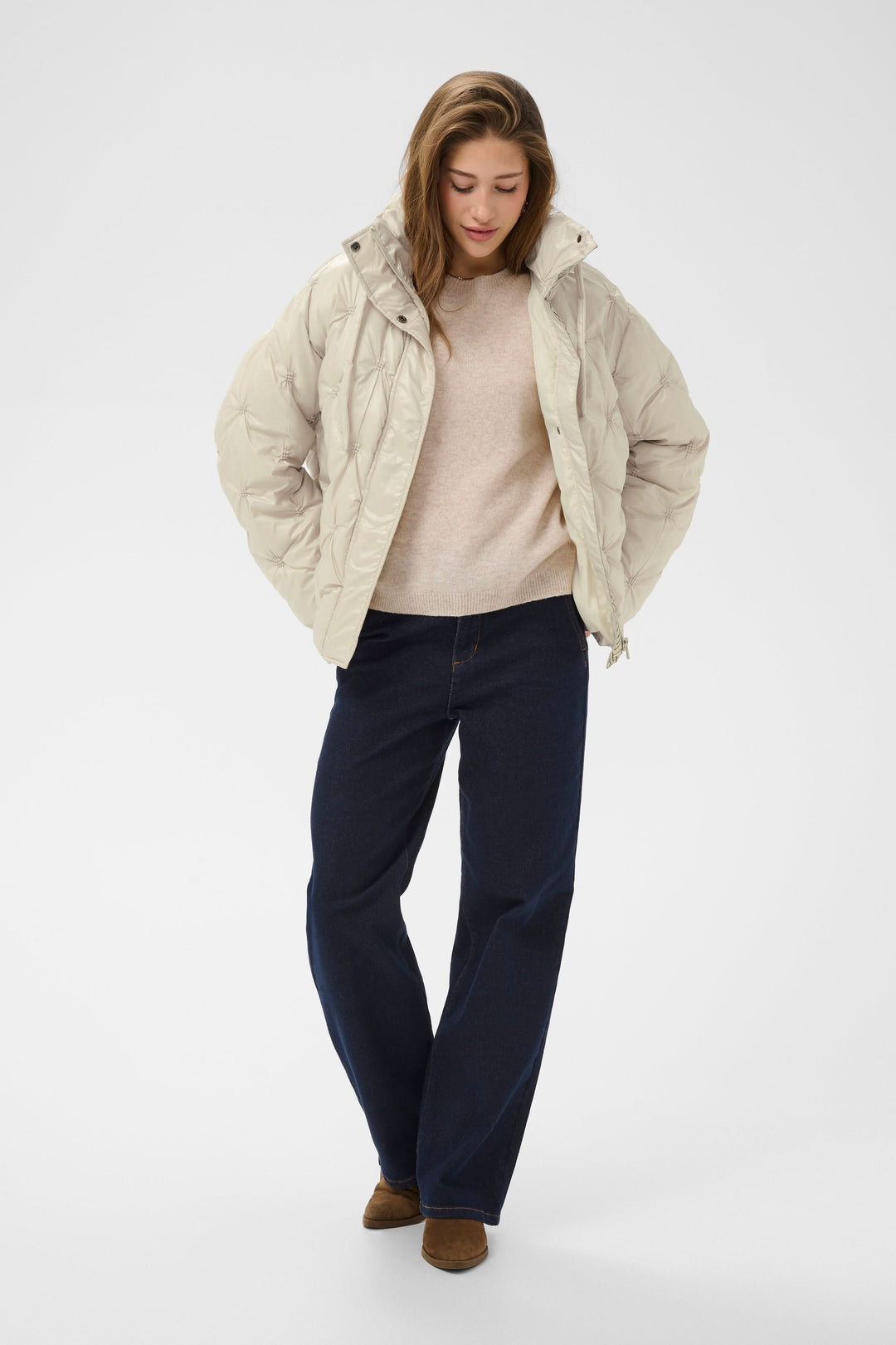 Manteau matelassé à col montant pour femme Cream