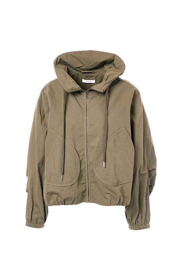 Vue de face manteau Paddy court JC SOPHIE femme vert avec capuchon et poches Valérie Simon