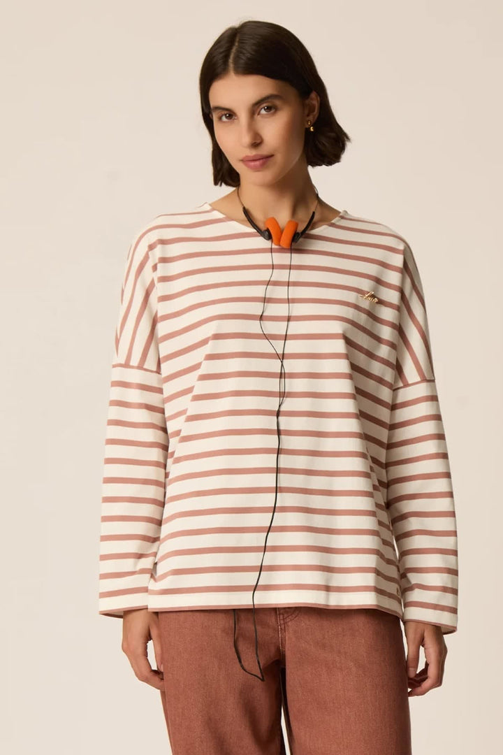 Filly Oversized Ecru and Blue Striped Sailor Shirt navy Front View for Women Des Petits Hauts