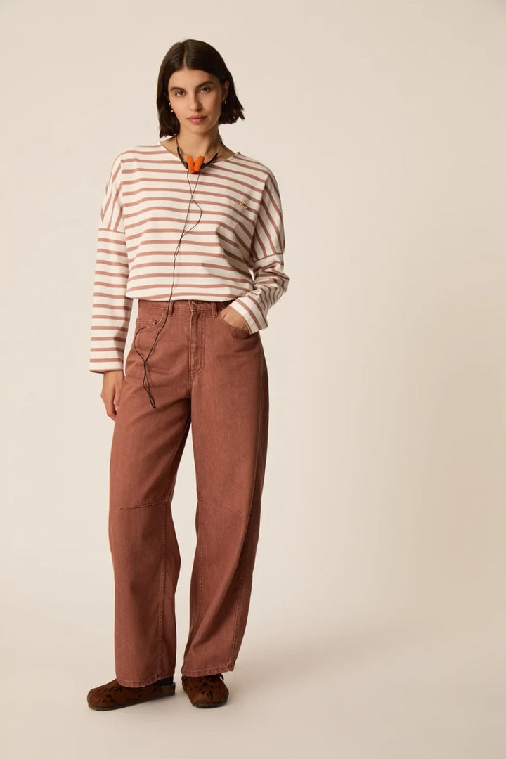 Oversized blue and ecru striped sailor-style sweater navy—front view—for women Des Petits Hauts