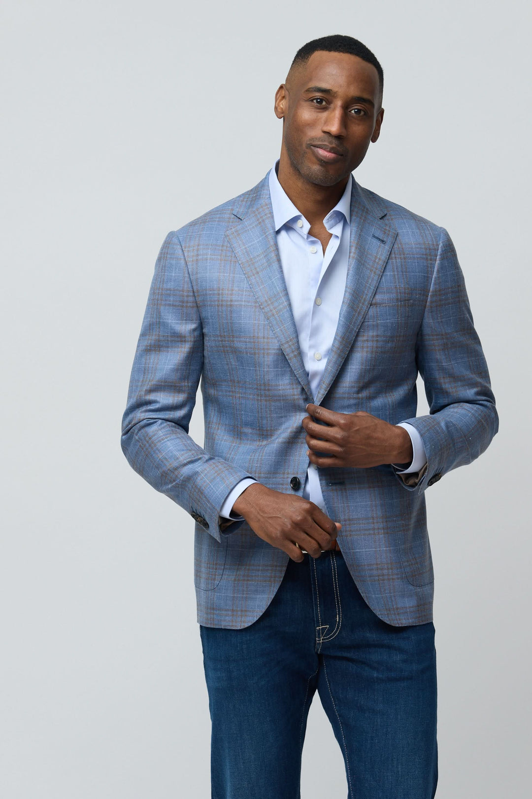 Veston à carreaux en laine, soie et lin