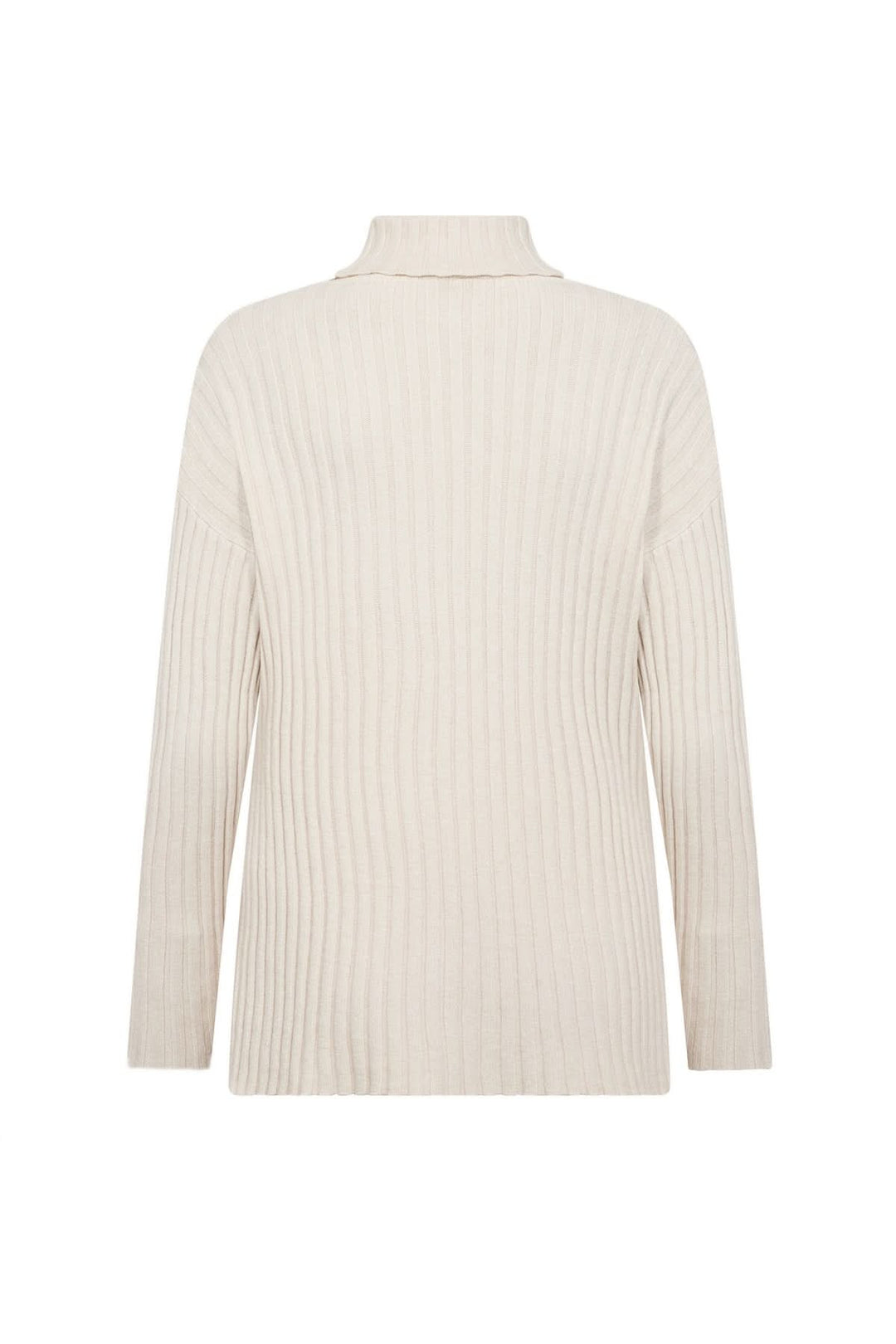 Tricot col montant en maille côtelée, coupe droite, couleur neutre, idéal pour un look décontracté et élégant.