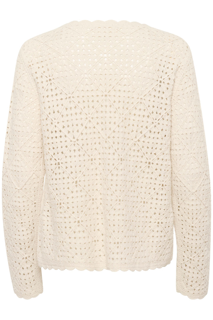 Cardigan Kip ajouré en tricot à motifs géométriques, vue arrière, couleur crème.