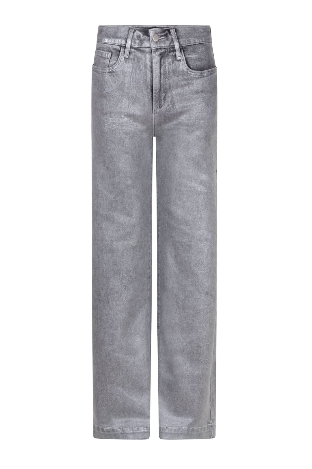 Jean à jambe droite en denim gris, taille mi-haute, coupe structurée pour une silhouette affinée.