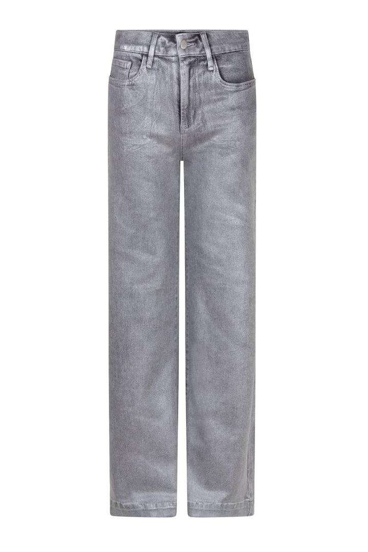 Jean à jambe droite en denim gris, taille mi-haute, coupe structurée pour une silhouette affinée.